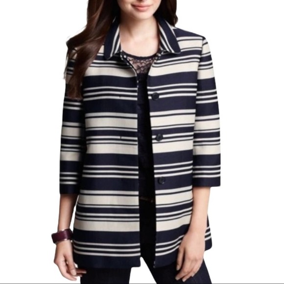 ANN TAYLOR | Navy Blue and Beige Striped 3/4 Sleeve Petite Jacket Coat - Picture 1 of 16